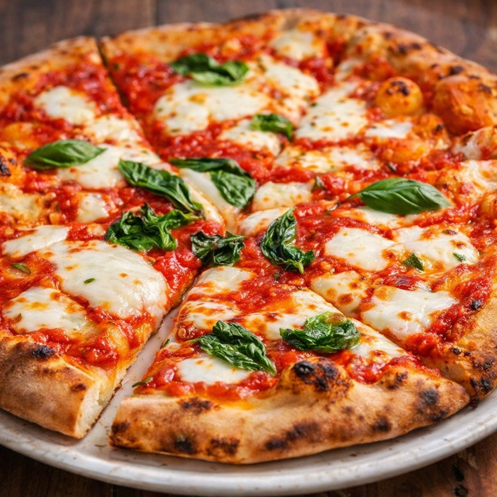 Close-up of a Margherita pizza