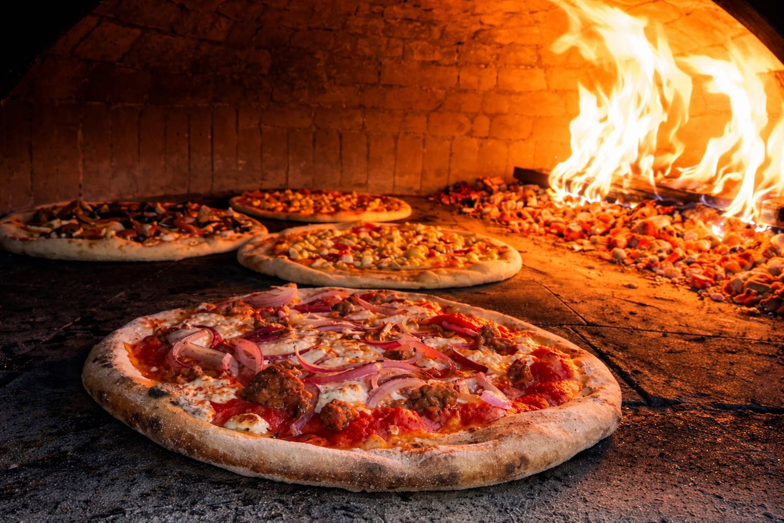 Wood-fired pizzas in the oven at Sfumato
